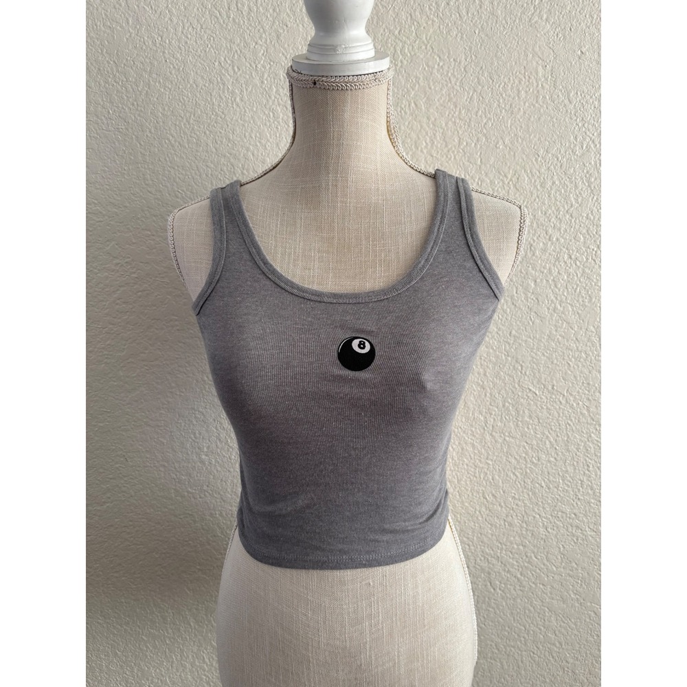 Obsessive Love Tank Top XS Excellent Gray Ribbed Embroidered 8 Ball Crop Tank